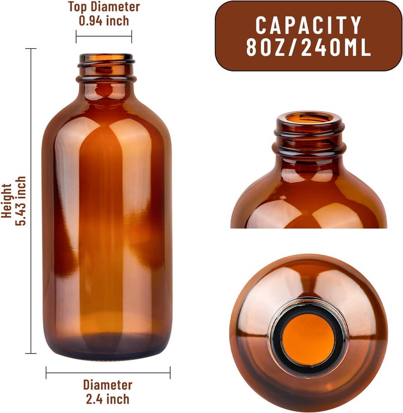 PINIWON 12 Pack 8 oz Amber Glass Bottles, 240ml Boston Round Sample Bottles with Black Poly Cone Caps, Labels and Funnels - Image 3